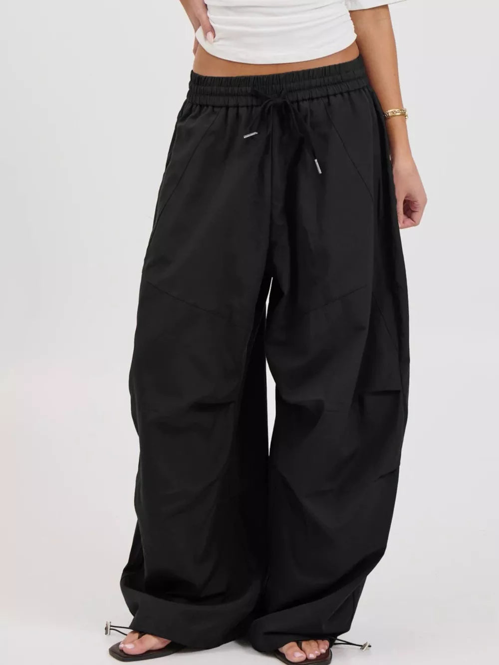 Drawstring Wide Leg Pants in Army Green with drawstring waist