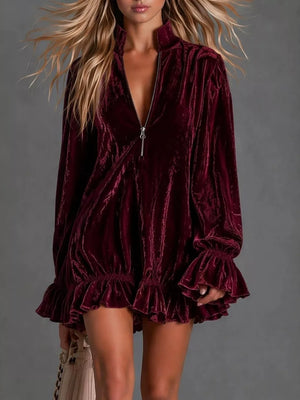 romantic mini dress in Black with mock neck