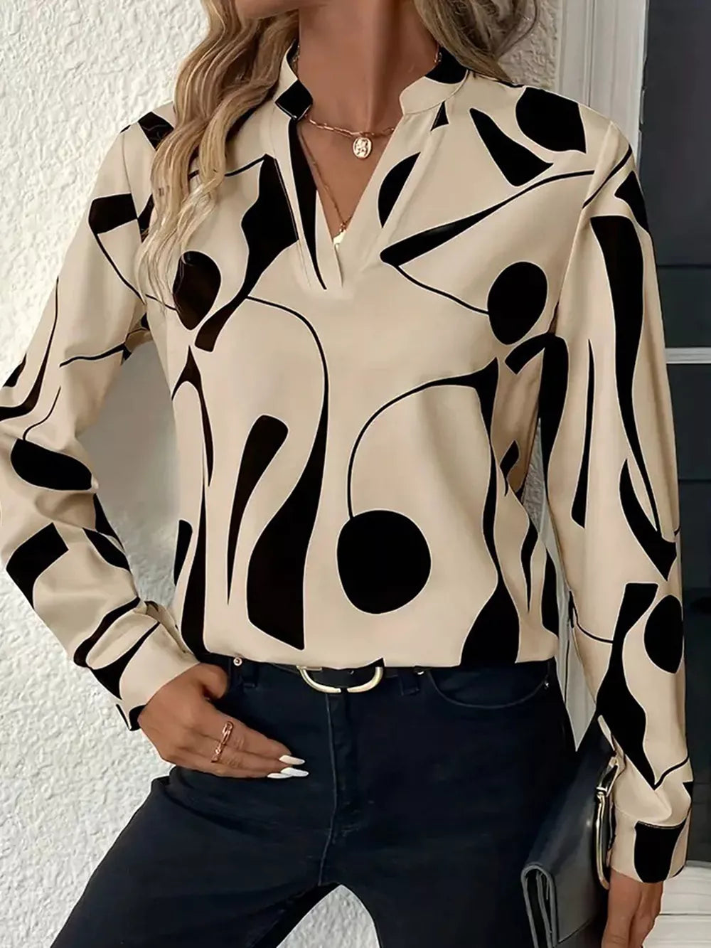 Beige Abstract Print Notched Long Sleeve Blouse