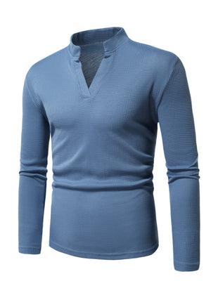 Men's dusty blue long sleeve t-shirt with notched V-neck and waffle knit texture.
