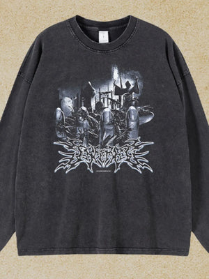 Washed black oversized long sleeve t-shirt with a graphic print and distressed details.