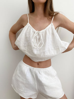 White cotton cami and shorts pajama set with tie-front detail