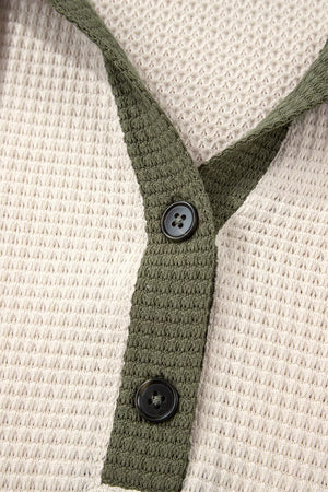 pullover hoodie featuring waffle knit in olive green with 61% polyester, 37% viscose, 2% elastane Care instructions: Machine