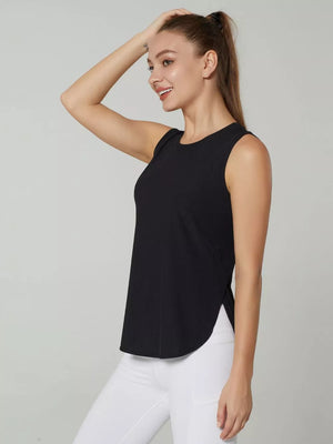 Black ribbed sleeveless tank top with curved hem