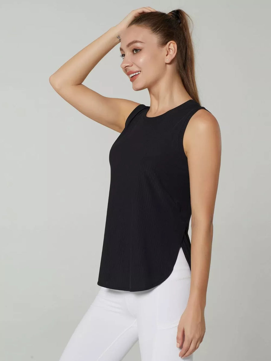 Black ribbed sleeveless tank top with curved hem
