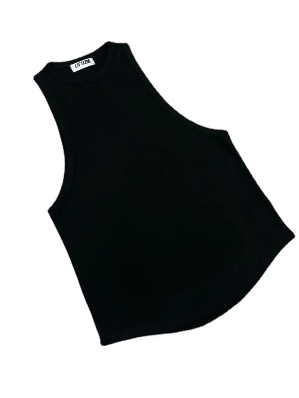 Black sculpted muscle tank top with open sides and crew neck