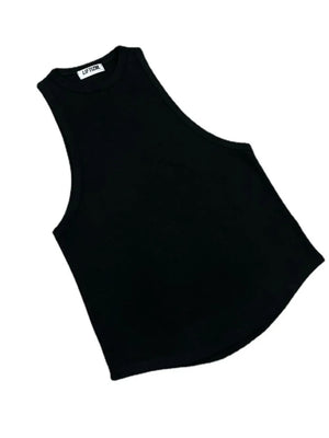 Black sculpted muscle tank top with open sides and crew neck