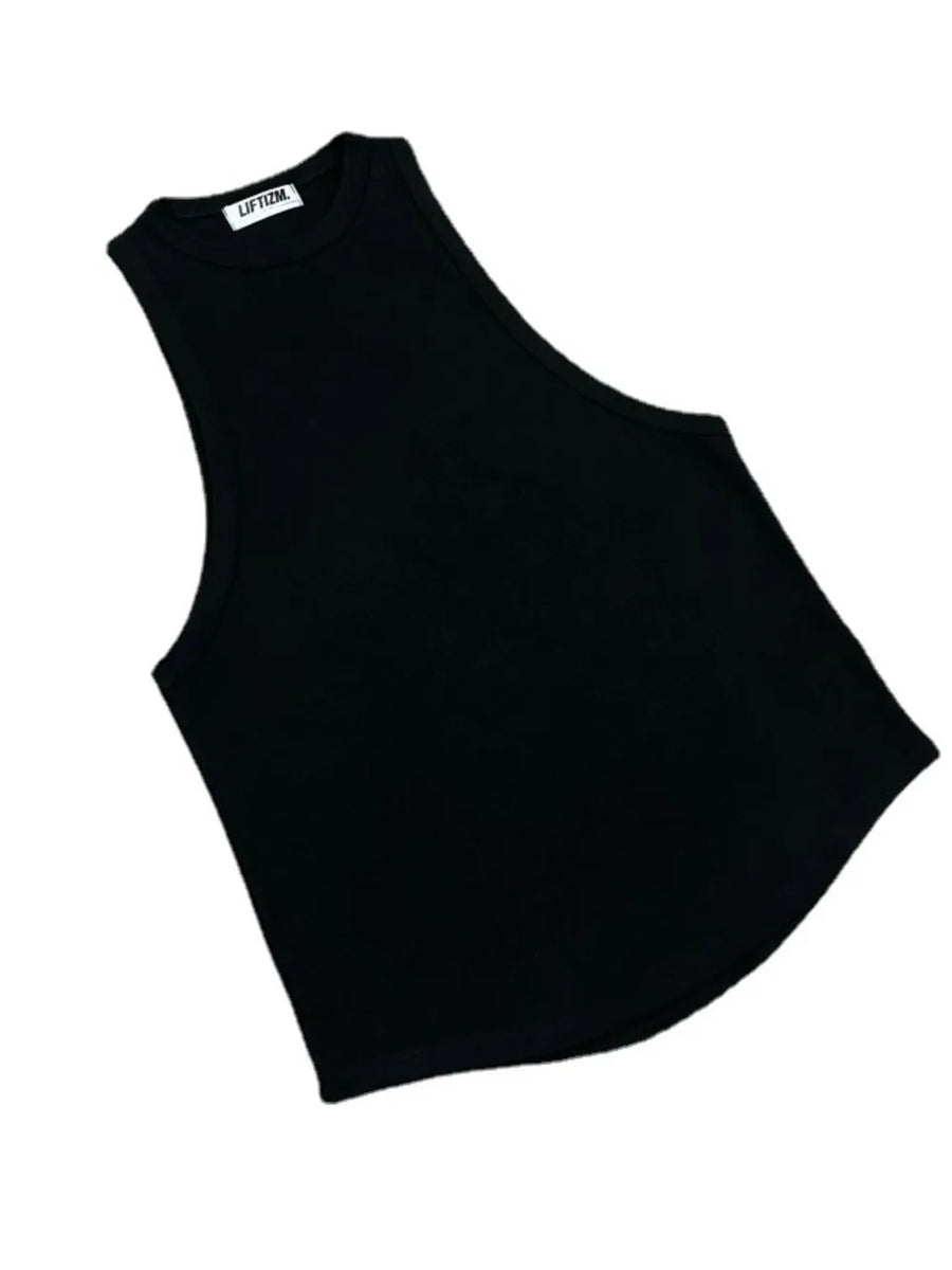 Black sculpted muscle tank top with open sides and crew neck