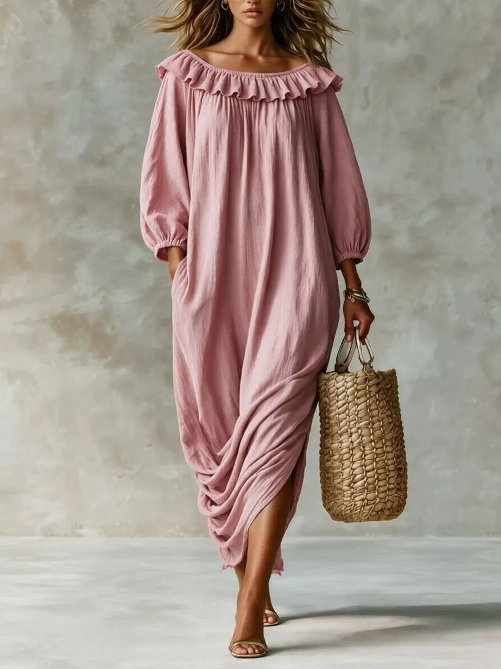 midi dress in dusty pink featuring pocketed and relaxed fit