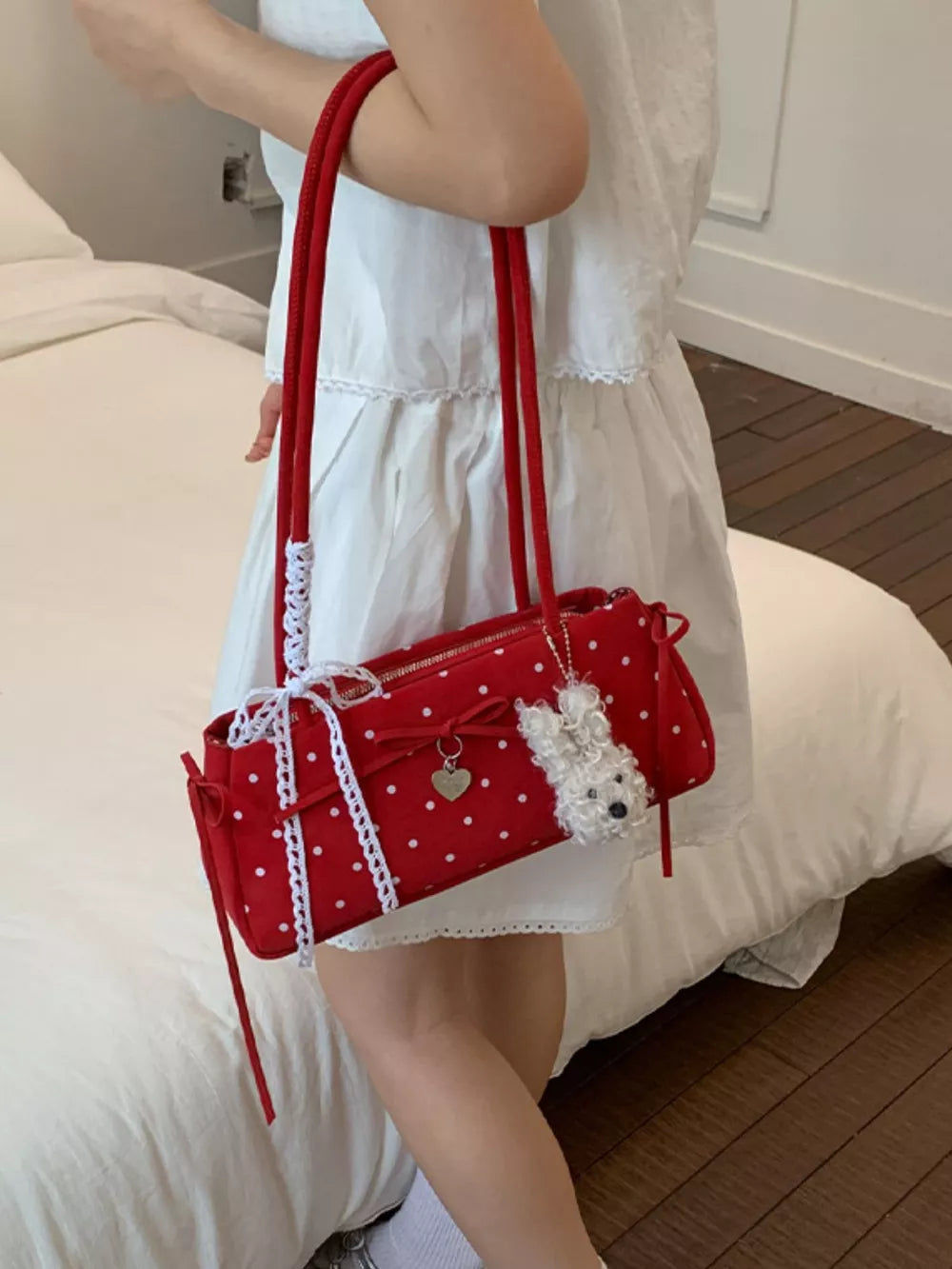 Red with Polka Dot Shoulder Bag in Red