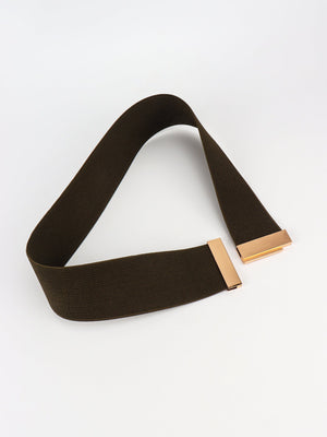 Wide elastic belt in Chestnut with gold clasp detail