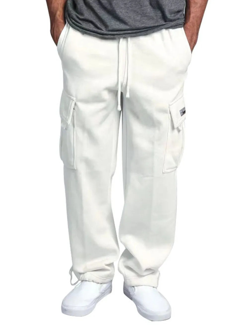 White fleece cargo lounge trousers with drawstring waist and multiple pockets.