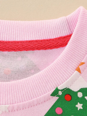 Pink crewneck sweatshirt with Christmas tree print and red trim detail.
