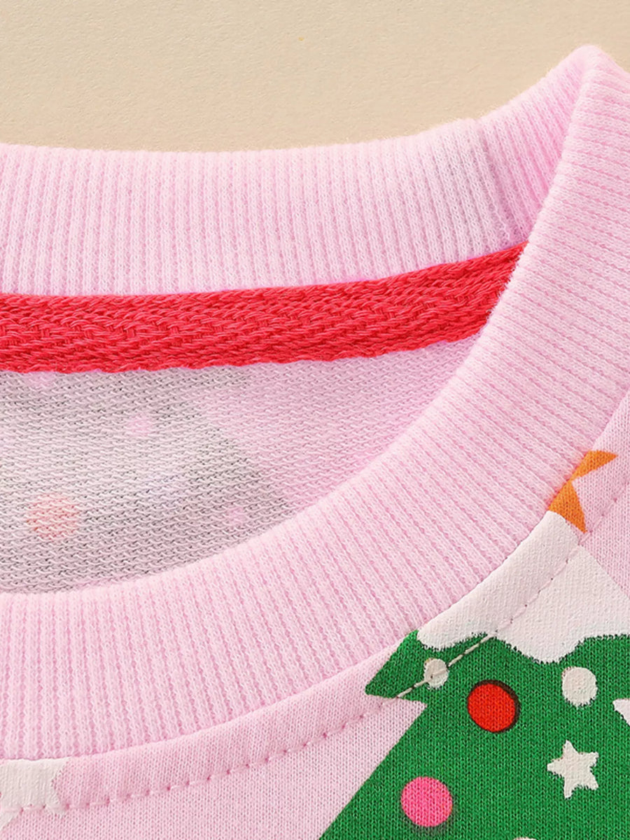 Pink crewneck sweatshirt with Christmas tree print and red trim detail.