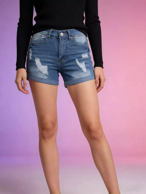 Light blue distressed denim shorts with cuffed hem and button closure