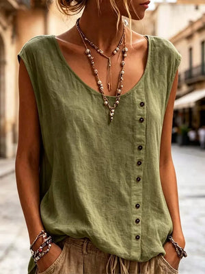 Round Neck Decor Button Tank Plus Size in Yellow