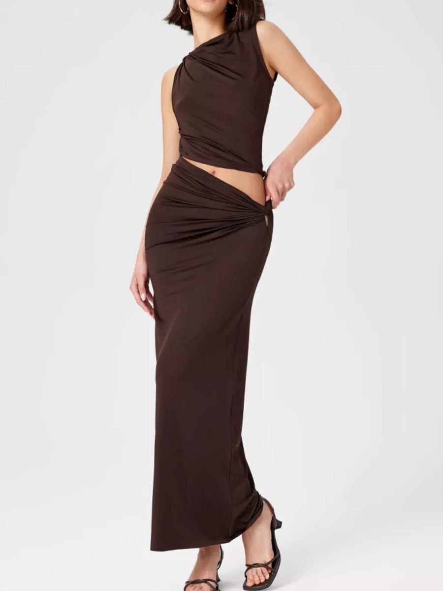 Yellow Green Asymmetrical Ruched Knit Top And Skirt Set