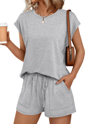 Light gray round neck cap sleeve loungewear set with drawstring shorts and pockets.