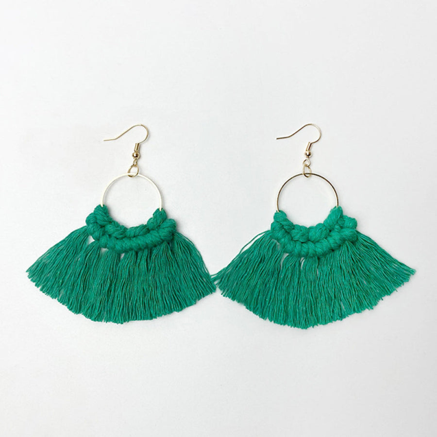 Macramé leaf fringe statement earrings in green with gold hoops.