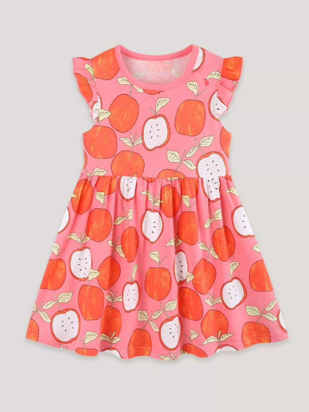 Baby girls pink cotton dress with playful apple print and ruffle sleeves.