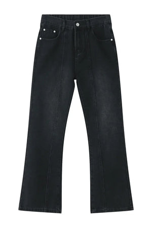 Dark wash denim trousers with vertical seams and a wide-leg flare.