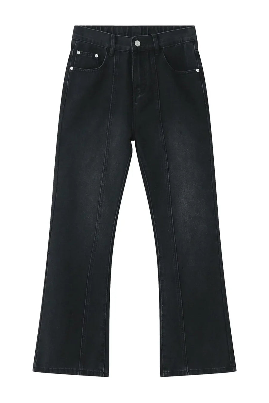 Dark wash denim trousers with vertical seams and a wide-leg flare.