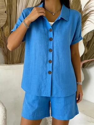 Lotus Color Full Size Button-up Shirt And Shorts Set Plus Size