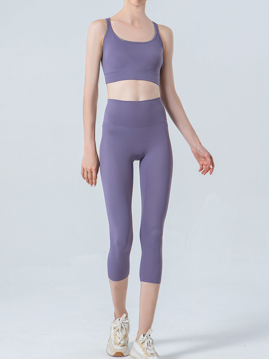 Lavender sculpted crop leggings with mesh detail