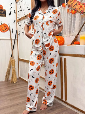 white pajama set with pumpkin print and collared