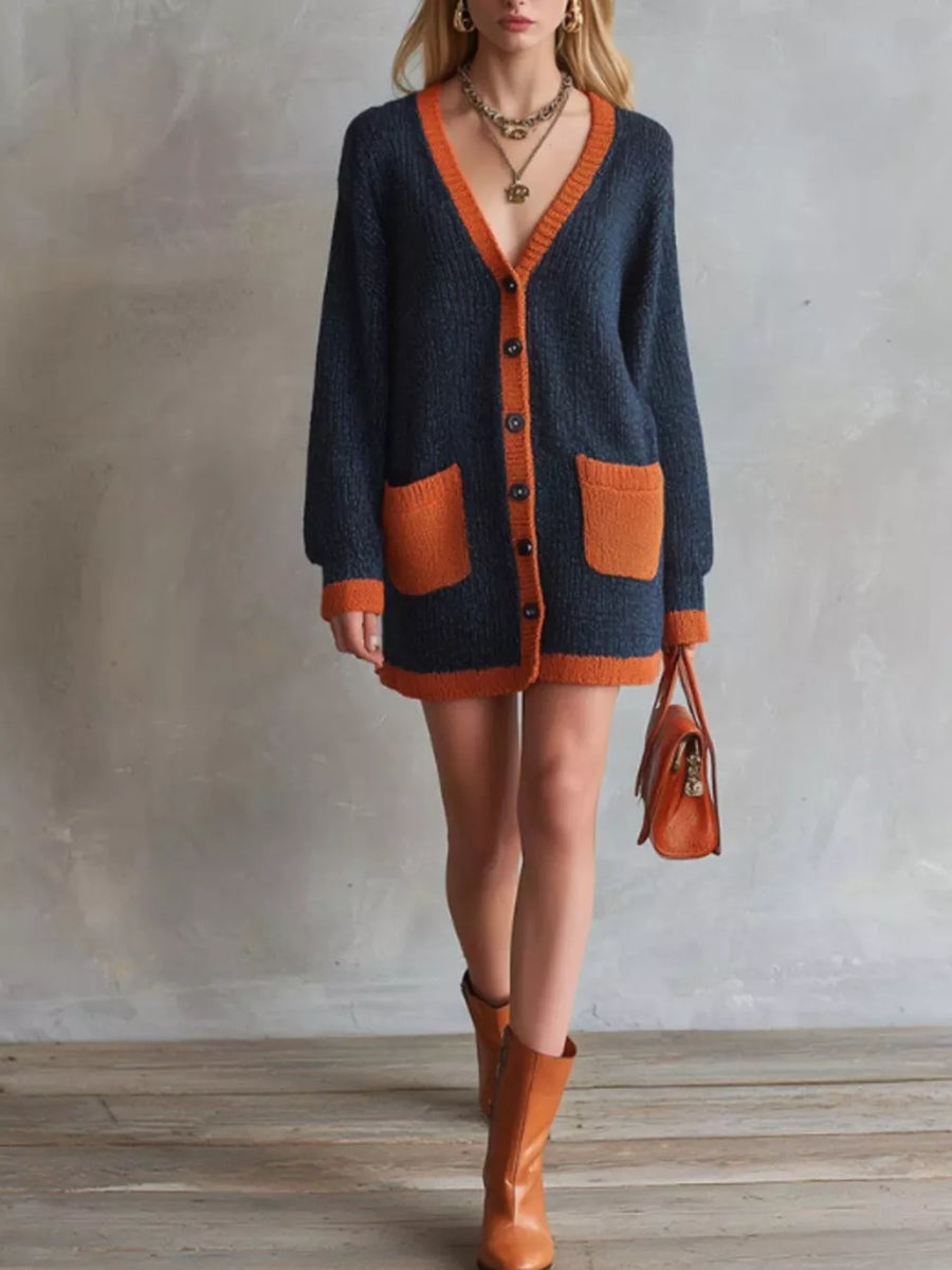 navy blue cardigan with color-block and v-neck