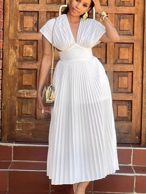 White cap sleeve midi gown with deep V-neck and pleated skirt