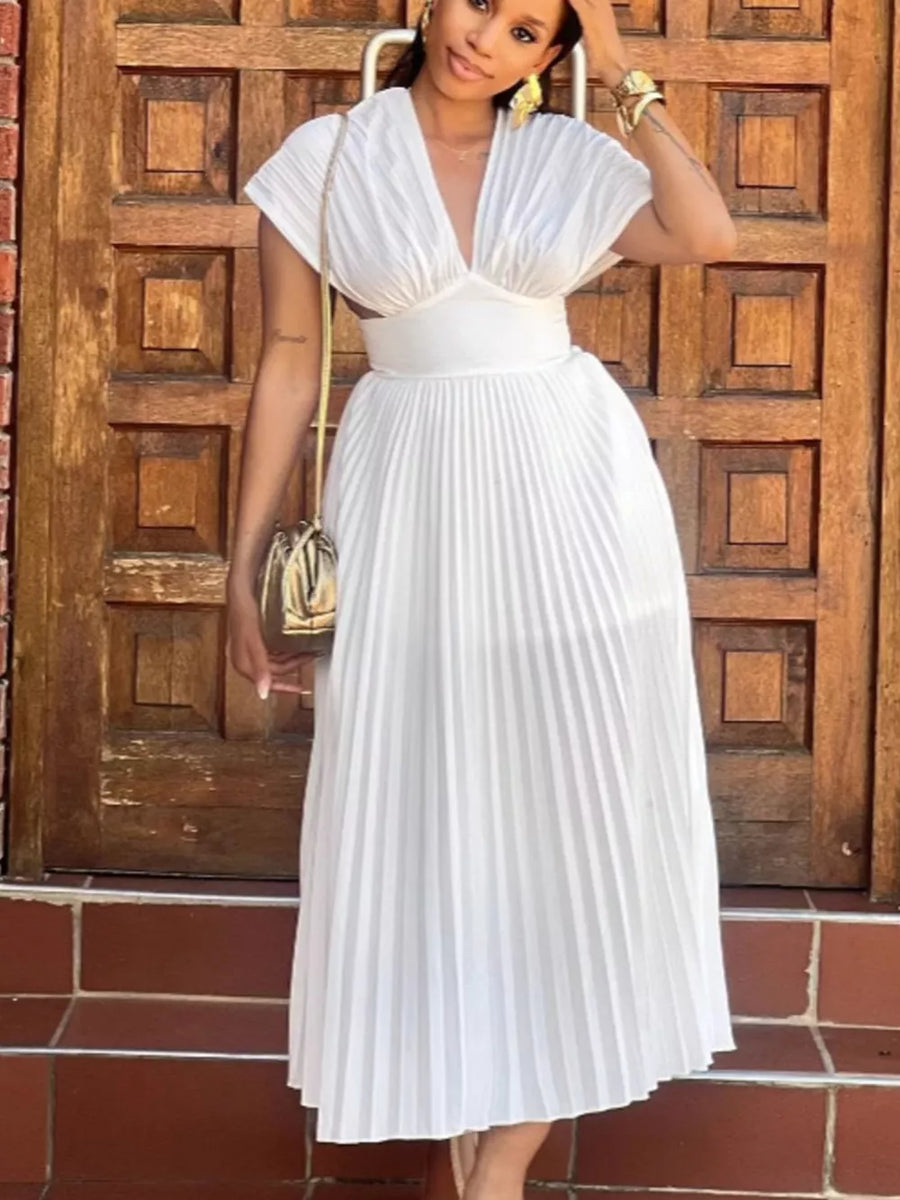 White cap sleeve midi gown with deep V-neck and pleated skirt