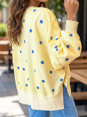 royal blue sweatshirt featuring side slit and polka dot