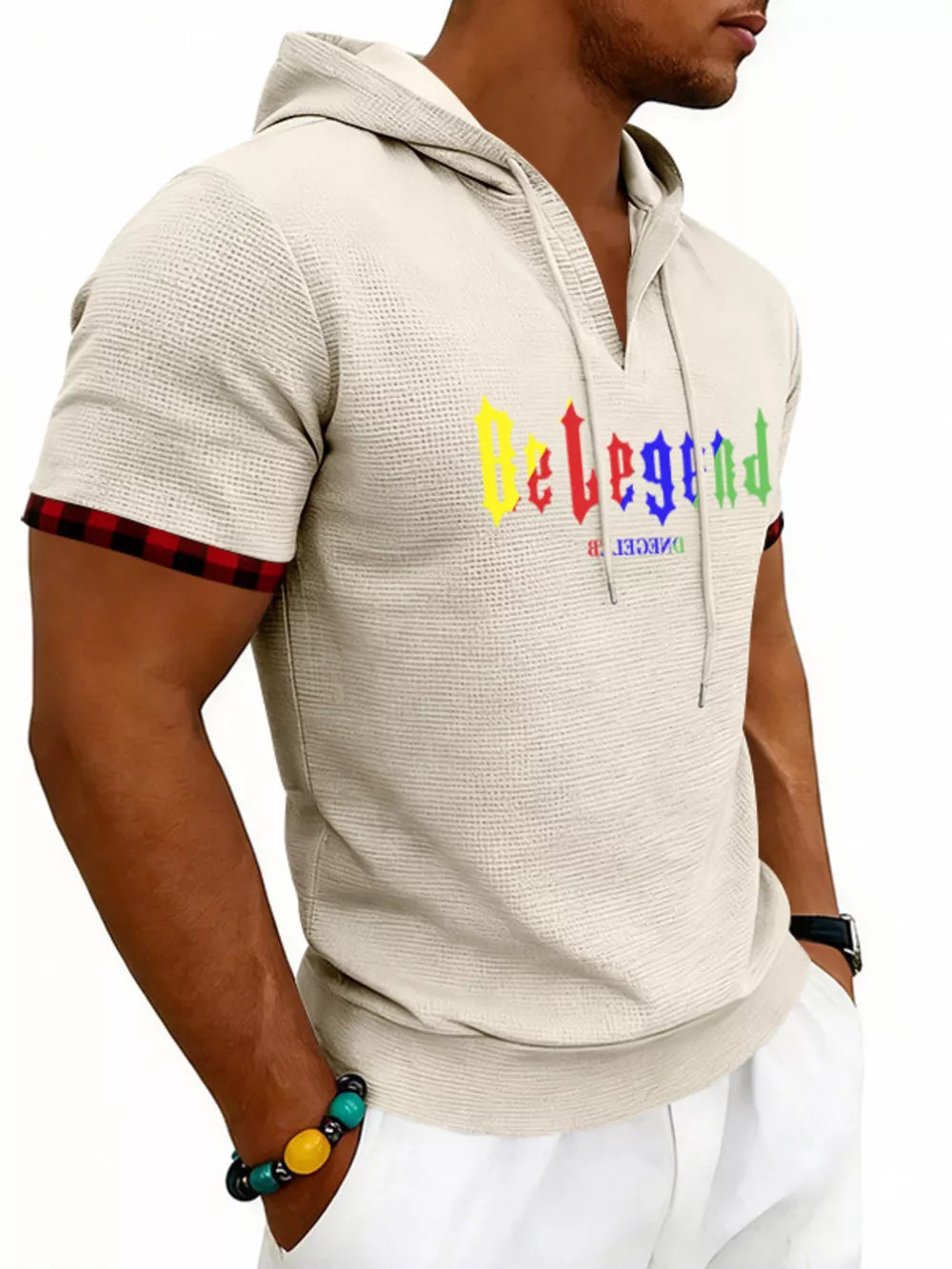 Men's Full Size Letter Graphic Short Sleeve Hooded Top in Black