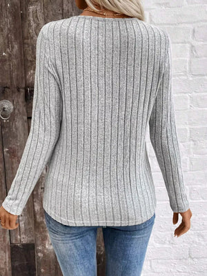 Ribbed V-neck Long Sleeve T-shirt in Black