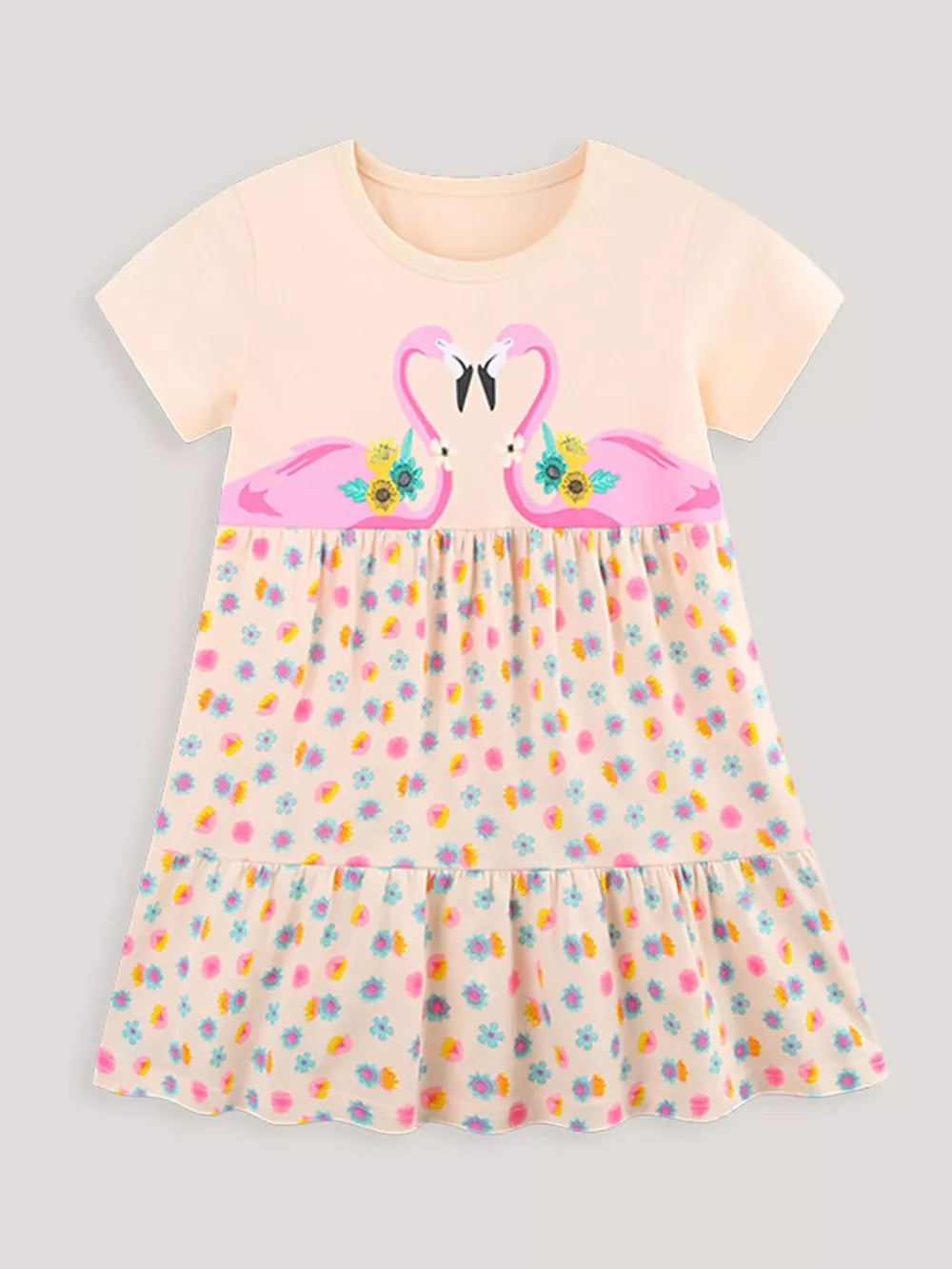 Baby dress with pink flamingos and floral print, cotton, short sleeves, tiered hem