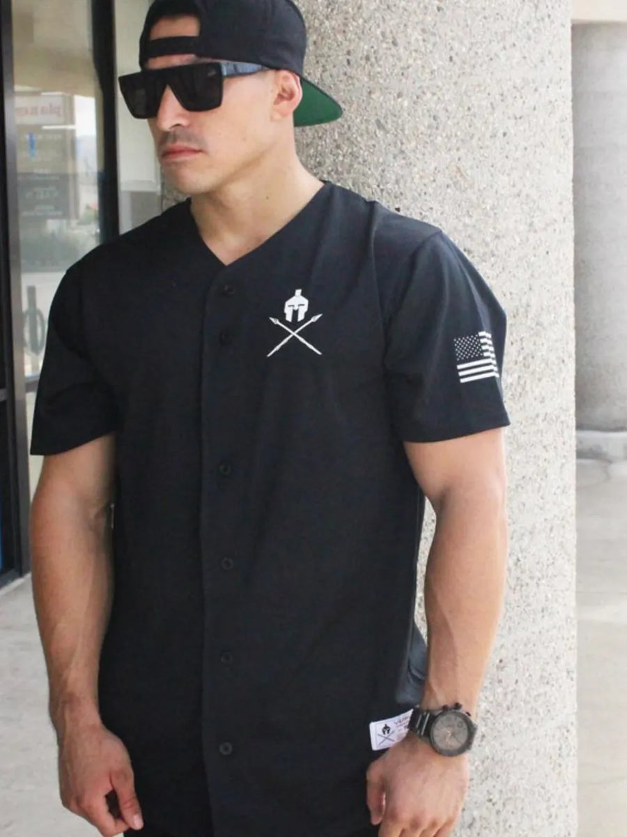 Black baseball jersey with graphic detail on chest and sleeve, full button front.