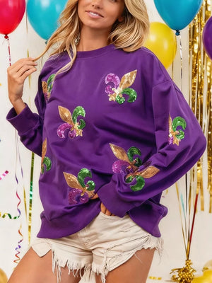 purple sweatshirt with graphic and crew neck