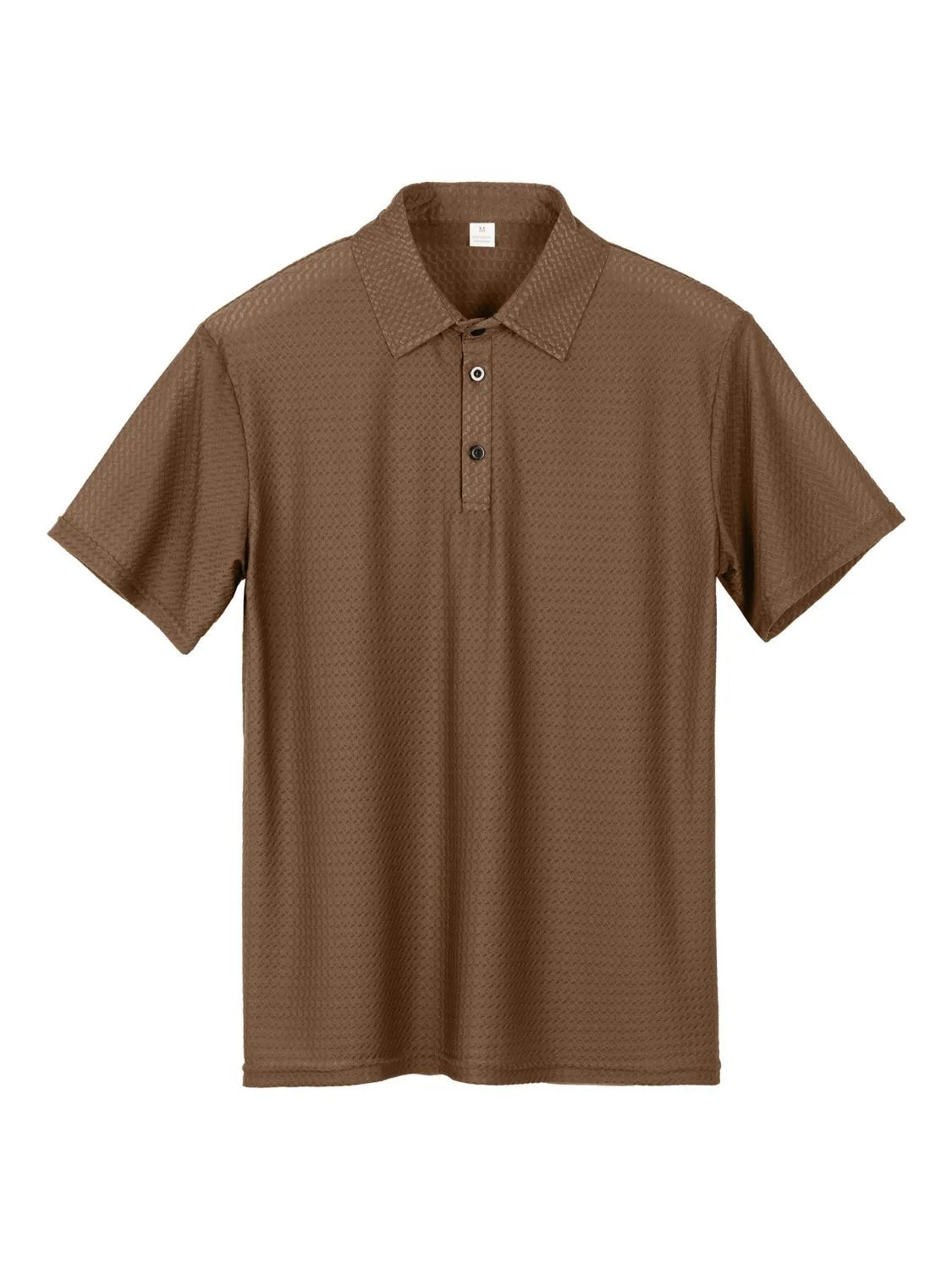 Brown textured pique polo shirt with a refined collar and two buttons.