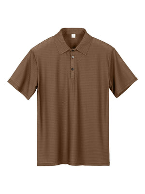 Brown textured pique polo shirt with a refined collar and two buttons.