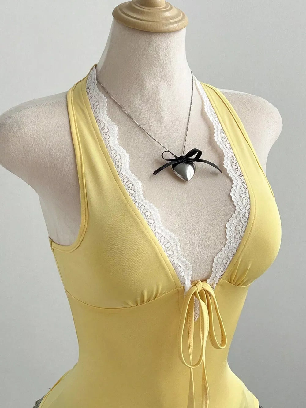 Lace Detail Halter Neck Cami in Yellow