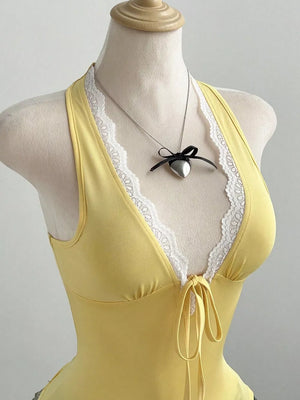 Lace Detail Halter Neck Cami in Yellow