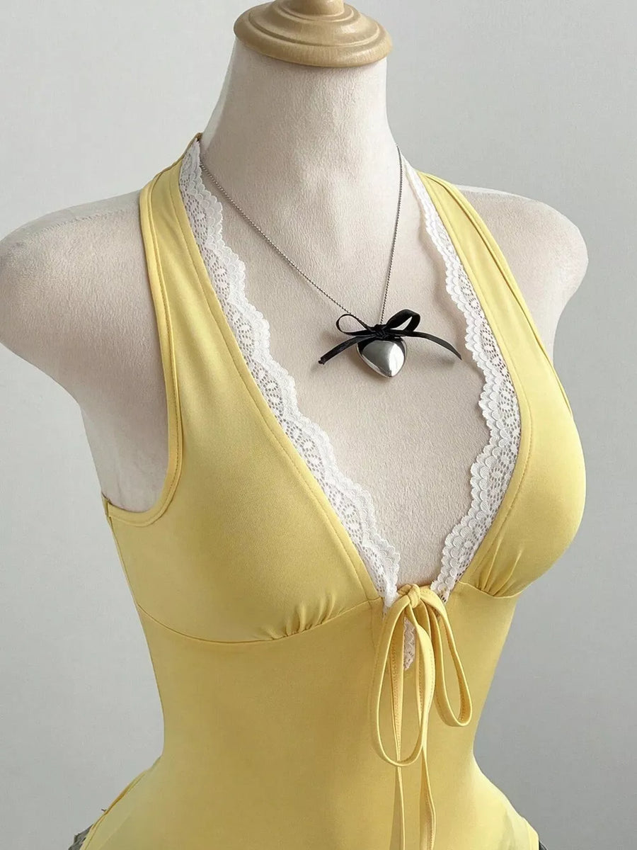 Lace Detail Halter Neck Cami in Yellow