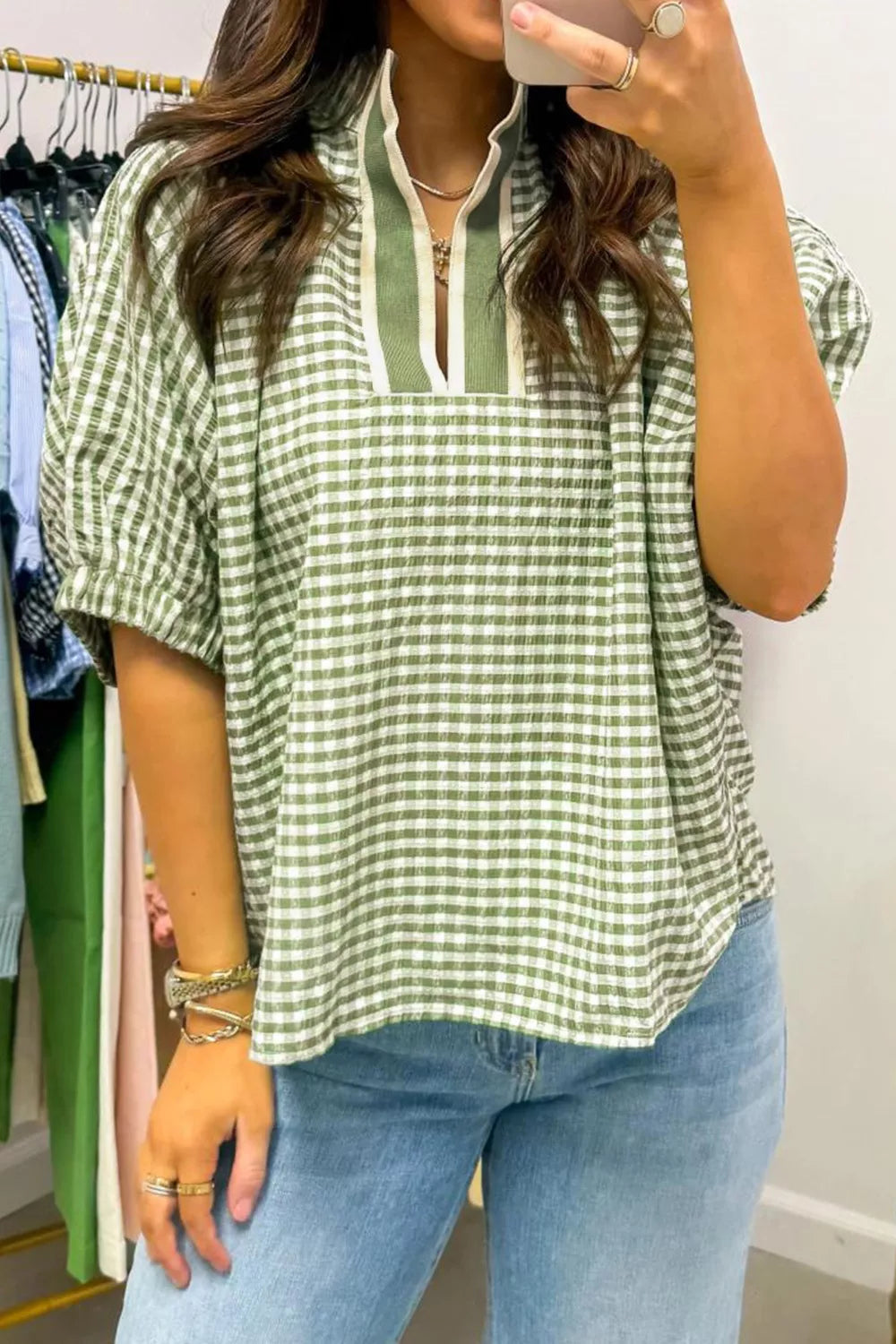 Sage gingham checkered half sleeve maternity overshirt with a stand collar and v-neck