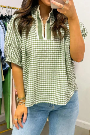 Sage gingham checkered half sleeve maternity overshirt with a stand collar and v-neck