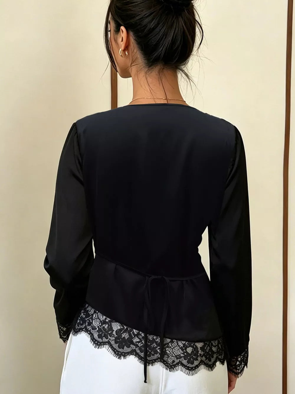 Lace Trim Cowl Neck Blouse in Black