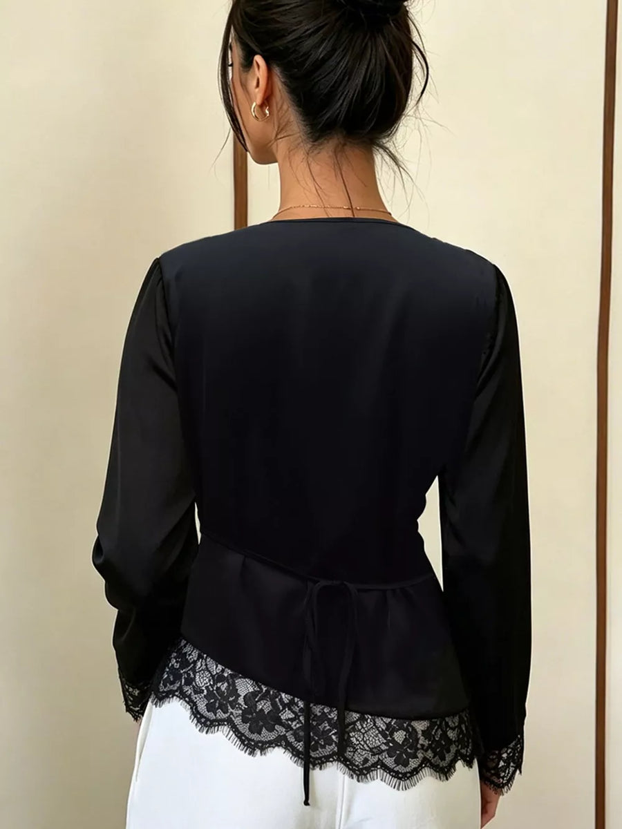 Lace Trim Cowl Neck Blouse in Black
