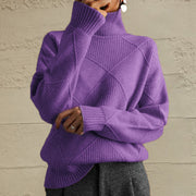 Deep Purple turtleneck sweater with diamond knit pattern and ribbed cuffs and hem.