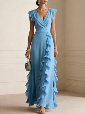 Navy Blue maxi dress with ruffled and cap sleeve