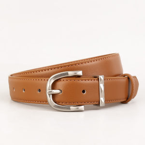 Brown cowhide leather skinny belt with brushed silver buckle and keeper.